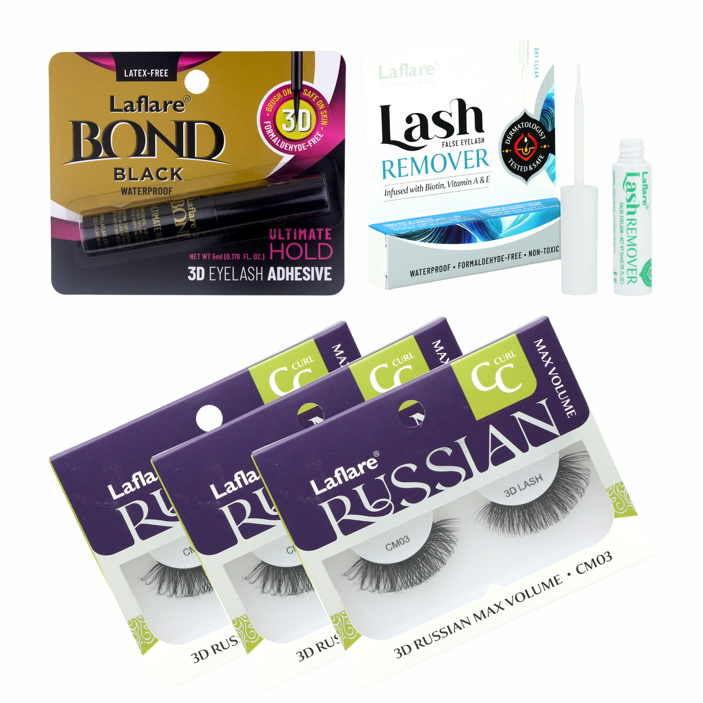 3D Russian (MAX) Volume Wispy, Fluffy, Dramatic, Lightweight, Handmade CC Curl Lashes 3 Packs with lash Adhesive and Remover All In One Complete Kit