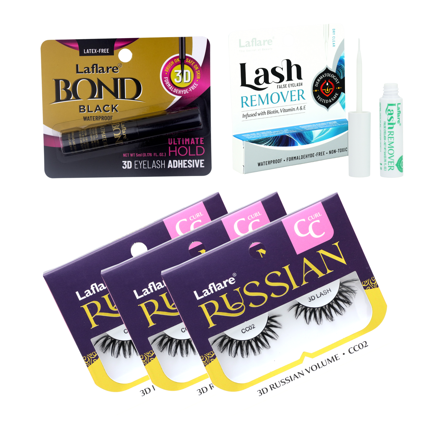 3D Russian (MAX) Volume Wispy, Fluffy, Dramatic, Lightweight, Handmade CC Curl Lashes 3 Packs with lash Adhesive and Remover All In One Complete Kit