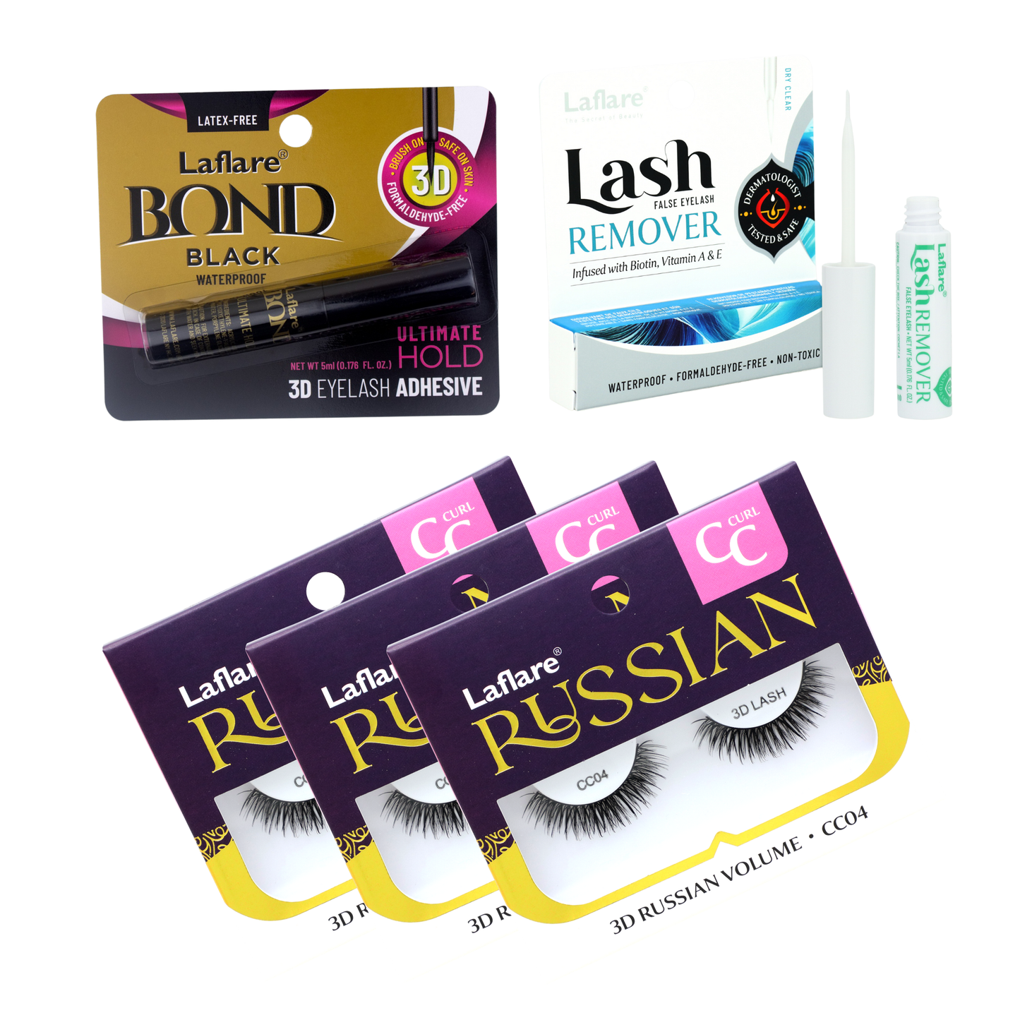 3D Russian (MAX) Volume Wispy, Fluffy, Dramatic, Lightweight, Handmade CC Curl Lashes 3 Packs with lash Adhesive and Remover All In One Complete Kit