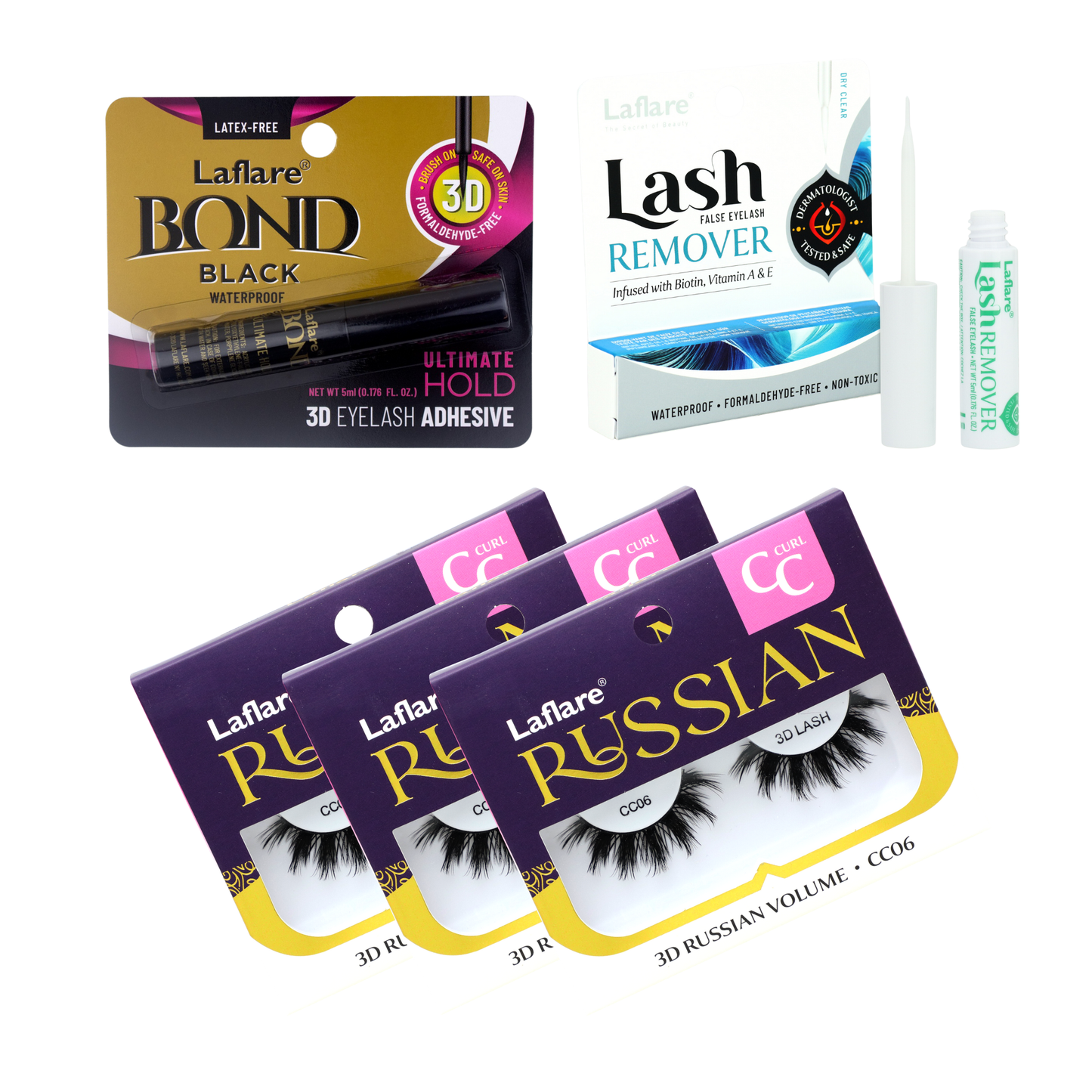 3D Russian (MAX) Volume Wispy, Fluffy, Dramatic, Lightweight, Handmade CC Curl Lashes 3 Packs with lash Adhesive and Remover All In One Complete Kit