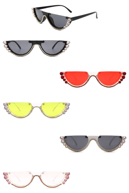 Half Frame Round Cat Eye Rhinestone Fashion Sunglasses