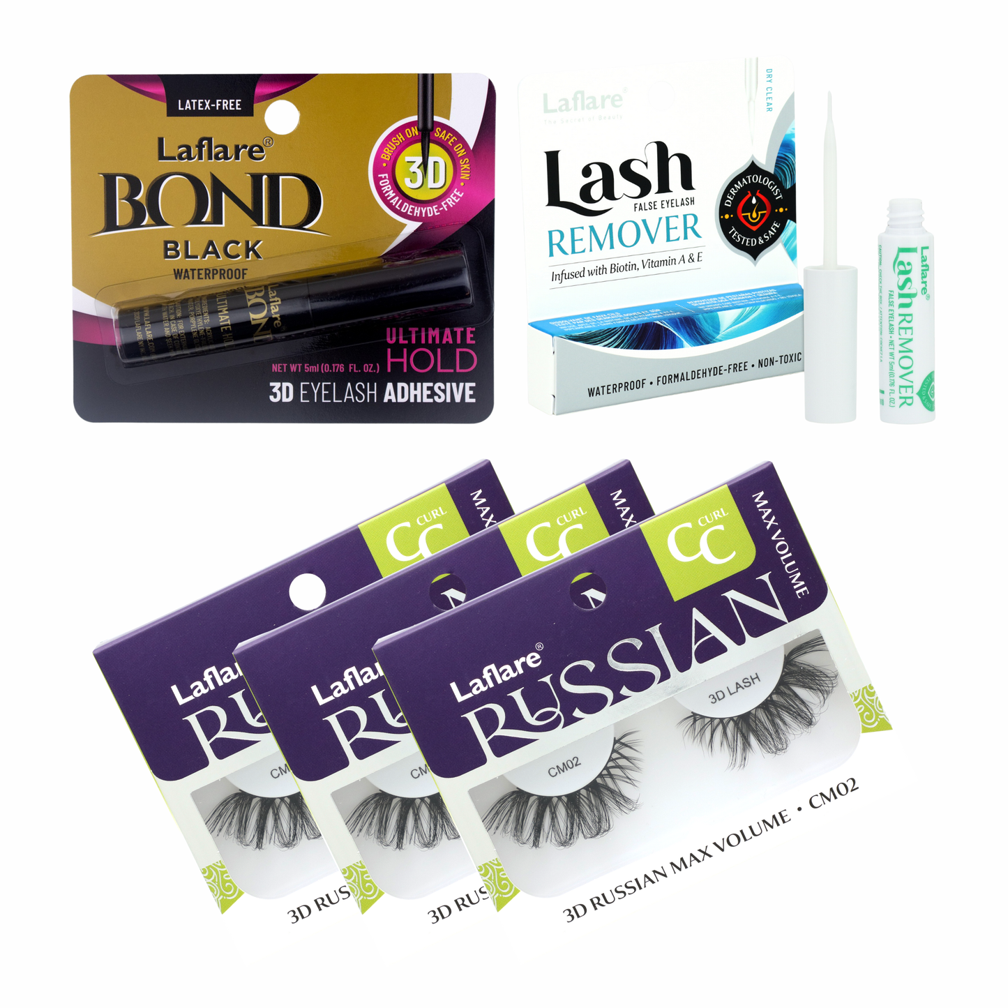 3D Russian (MAX) Volume Wispy, Fluffy, Dramatic, Lightweight, Handmade CC Curl Lashes 3 Packs with lash Adhesive and Remover All In One Complete Kit