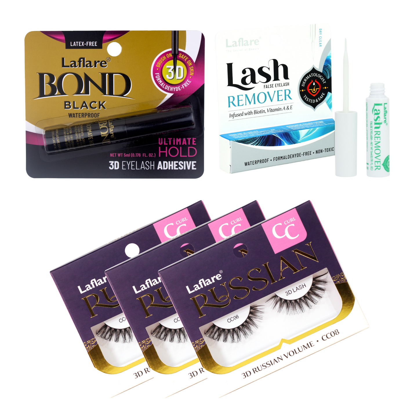 3D Russian (MAX) Volume Wispy, Fluffy, Dramatic, Lightweight, Handmade CC Curl Lashes 3 Packs with lash Adhesive and Remover All In One Complete Kit