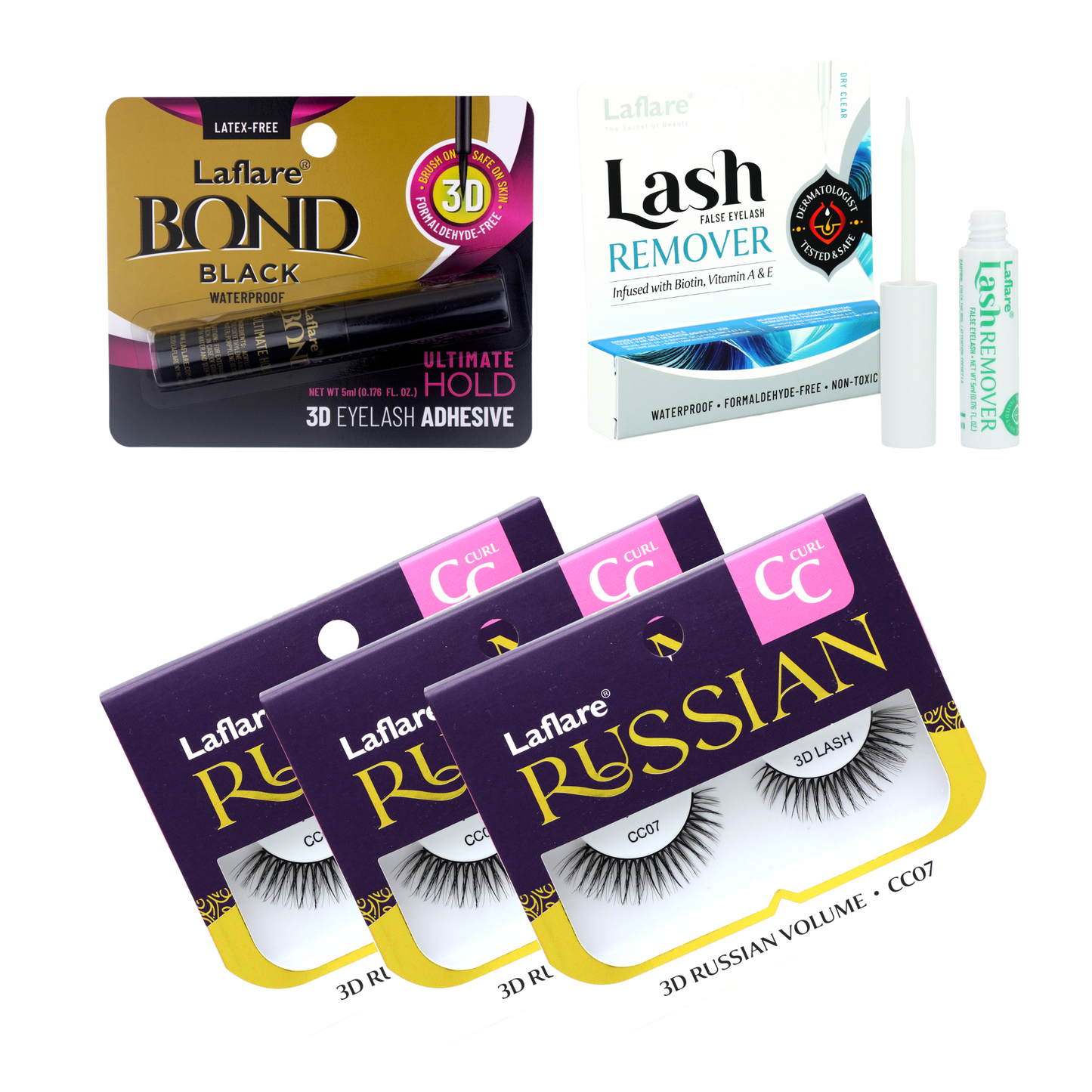 3D Russian (MAX) Volume Wispy, Fluffy, Dramatic, Lightweight, Handmade CC Curl Lashes 3 Packs with lash Adhesive and Remover All In One Complete Kit